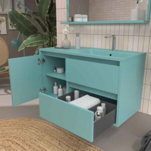 Mueble de baño suspendido 2 cajones / 1 puerta CLAIRE con lavabo Solid Surface TURQUESA
