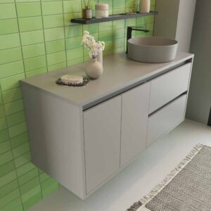 Mueble de baño suspendido 2 cajones/2 puertas CLAIRE con lavabo Solid Surface GRIS PIEDRA