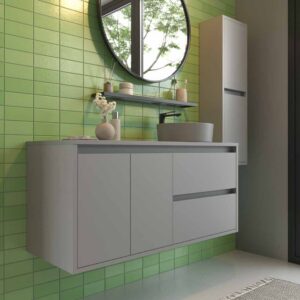 Mueble de baño suspendido 2 cajones/2 puertas CLAIRE con lavabo Solid Surface GRIS PIEDRA