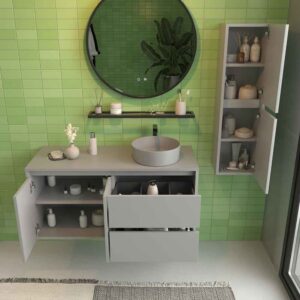 Mueble de baño suspendido 2 cajones/2 puertas CLAIRE con lavabo Solid Surface GRIS PIEDRA