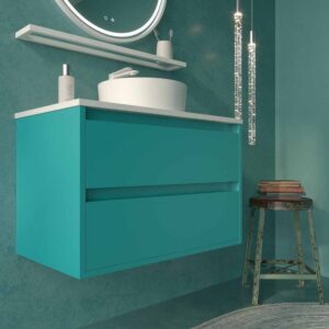 Mueble de baño suspendido 2 cajones CLAIRE con lavabo Solid Surface AZUL TURQUESA