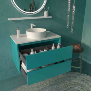 Mueble de baño suspendido 2 cajones CLAIRE con lavabo Solid Surface AZUL TURQUESA