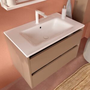 Mueble de baño suspendido 2 cajones CLAIRE con lavabo Solid Surface PARDO PALIDO