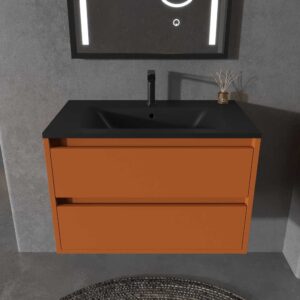 Mueble de baño suspendido 2 cajones CLAIRE con lavabo Solid Surface PARDO ANARANJADO