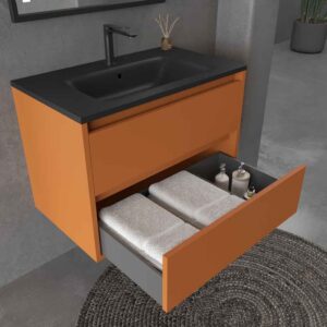 Mueble de baño suspendido 2 cajones CLAIRE con lavabo Solid Surface PARDO ANARANJADO