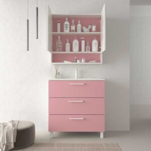 Mueble de baño con patas NEXO 3 cajones fondo reducido 40 cm lacado mate con lavabo porcelana ROSA PALO