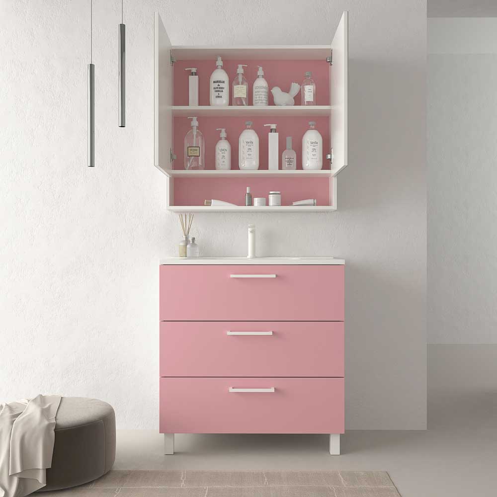 Mueble de baño con patas NEXO 3 cajones fondo reducido 40 cm lacado mate con lavabo porcelana ROSA PALO - Imagen 5