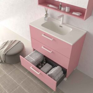 Mueble de baño con patas NEXO 3 cajones fondo reducido 40 cm lacado mate con lavabo porcelana ROSA PALO