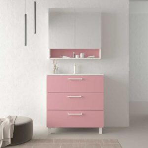 Mueble de baño con patas NEXO 3 cajones fondo reducido 40 cm lacado mate con lavabo porcelana ROSA PALO
