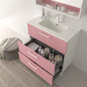 Mueble de baño con patas NEXO 3 cajones fondo reducido 40 cm lacado mate con lavabo porcelana ROSA PALO