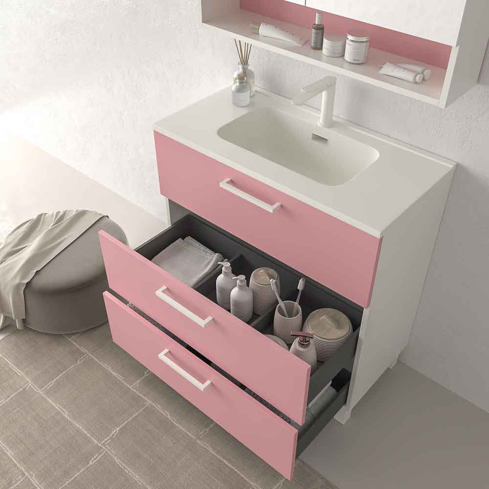 Mueble de baño con patas NEXO 3 cajones fondo reducido 40 cm lacado mate con lavabo porcelana ROSA PALO - Imagen 3
