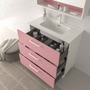 Mueble de baño con patas NEXO 3 cajones fondo reducido 40 cm lacado mate con lavabo porcelana ROSA PALO
