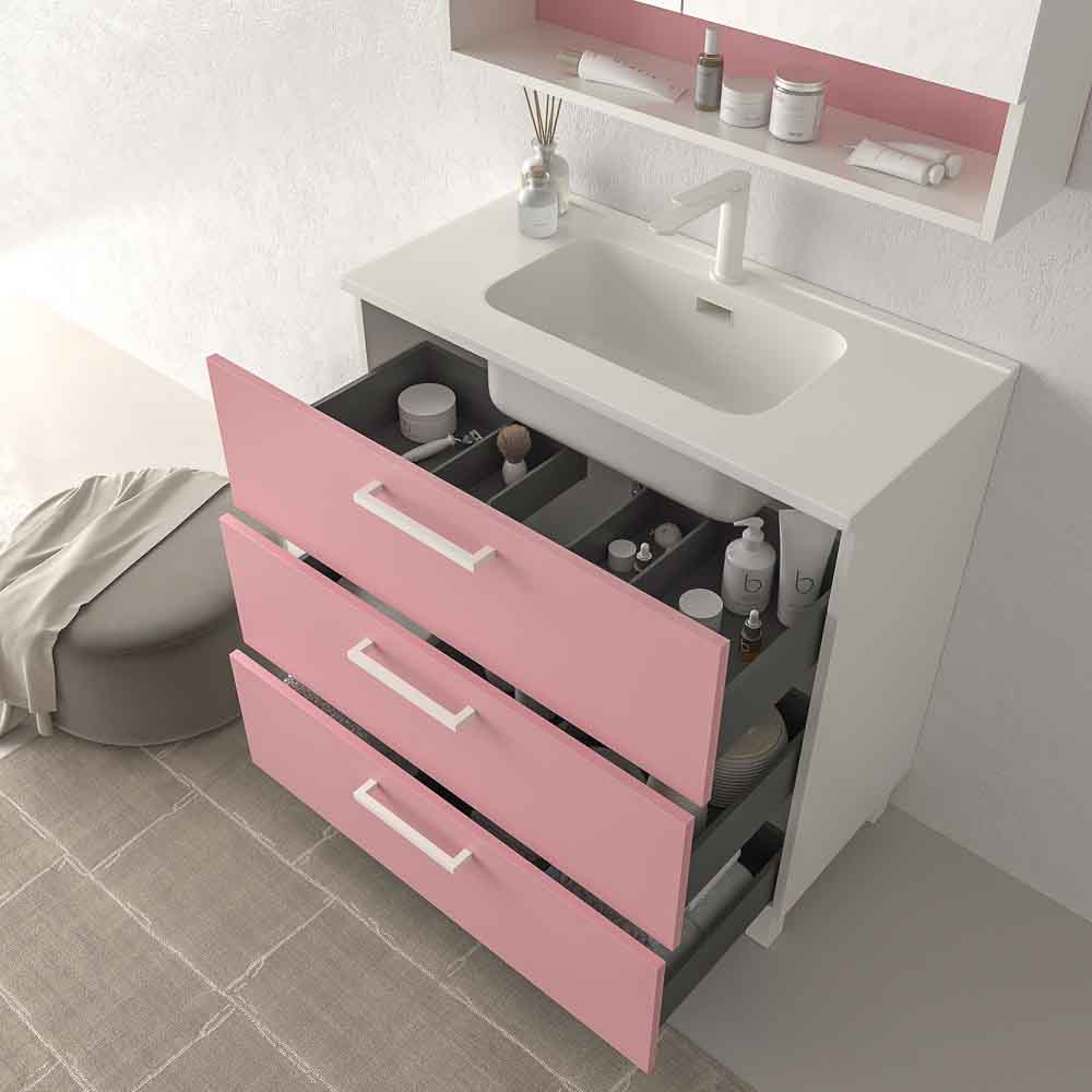 Mueble de baño con patas NEXO 3 cajones fondo reducido 40 cm lacado mate con lavabo porcelana ROSA PALO - Imagen 2
