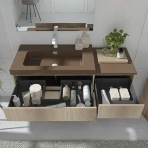 Mueble de baño suspendido 4 cajones  YOKO Alcatraz con lavabo con repisa resina Marrón pardo