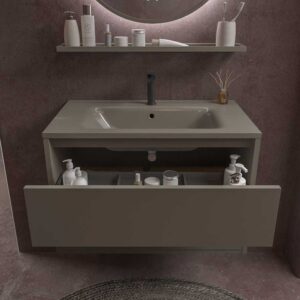 Mueble de baño suspendido 2 cajones CLAIRE con lavabo Solid Surface GRIS CUARZO