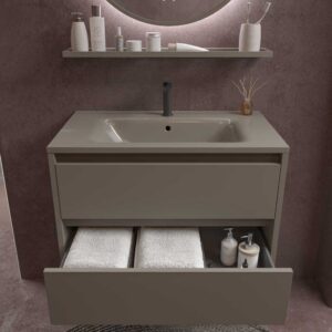 Mueble de baño suspendido 2 cajones CLAIRE con lavabo Solid Surface GRIS CUARZO