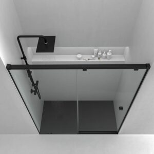 Mampara de ducha frontal LIFE 1 fijo + 1 puerta corredera vidrio 8 mm con cierre amortiguado. Acabado NEGRO MATE