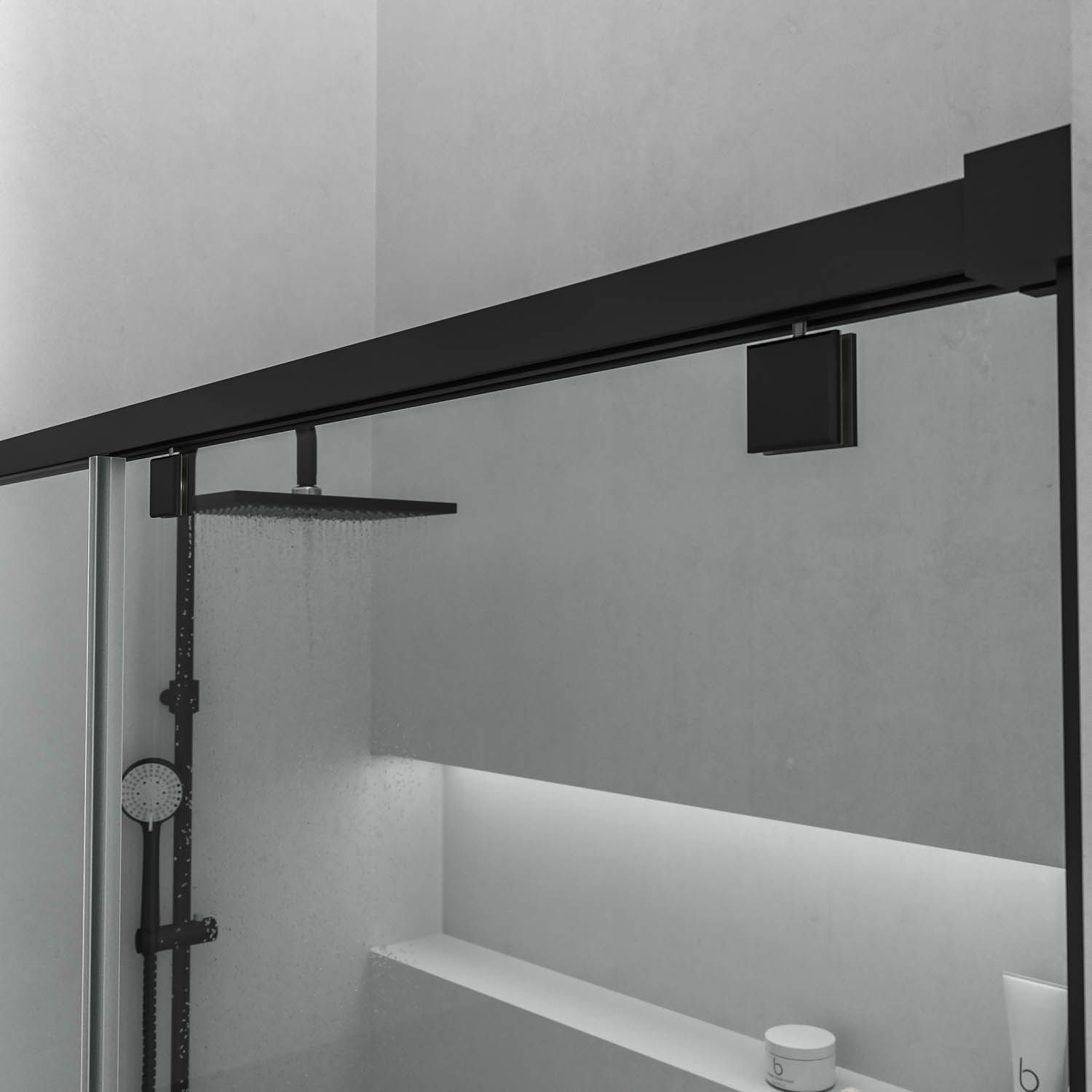 Mampara de ducha frontal LIFE 1 fijo + 1 puerta corredera Serigrafiada vidrio 8 mm con cierre amortiguado. Acabado NEGRO MATE - Imagen 8
