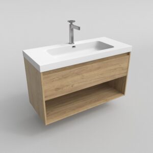 Mueble de baño suspendido 1 cajón / 1 hueco CARMEN con lavabo resina acabado ROBLE CLARO