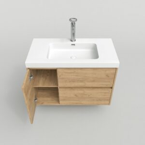 Mueble de baño suspendido 2 cajones / 1 puerta CARMEN con lavabo resina acabado ROBLE CLARO