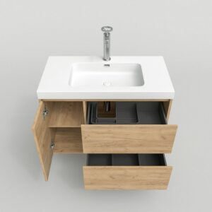 Mueble de baño suspendido 2 cajones / 1 puerta CARMEN con lavabo resina acabado ROBLE CLARO
