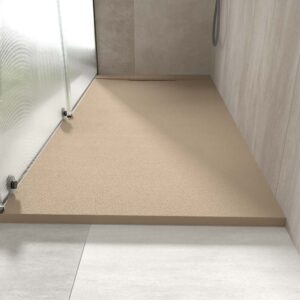 Plato ducha resina PLASTER moka - RAL 1019 - textura pizarra - antibacteriano y antideslizante. Rejilla oculta