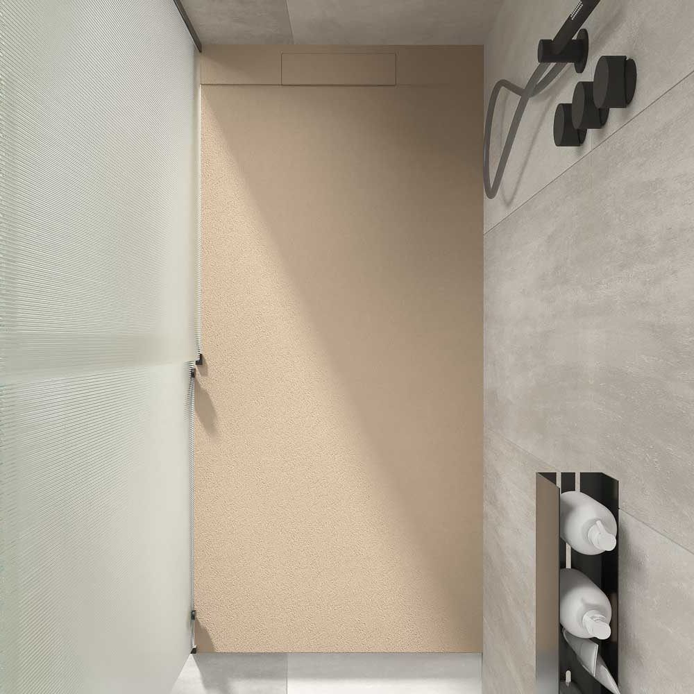 Plato ducha resina PLASTER moka - RAL 1019 - textura pizarra - antibacteriano y antideslizante. Rejilla oculta