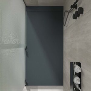 Plato ducha resina PLASTER Grafito - RAL 7016 - textura pizarra - antibacteriano y antideslizante. Rejilla oculta