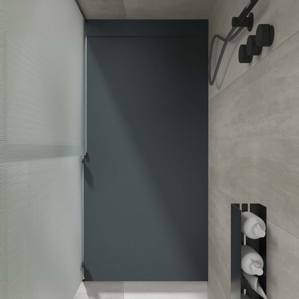 Plato ducha resina PLASTER Grafito - RAL 7016 - textura pizarra - antibacteriano y antideslizante. Rejilla oculta