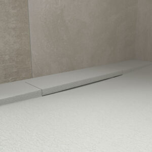 Plato ducha resina PLASTER Arena - RAL 7035 - textura pizarra - antibacteriano y antideslizante. Rejilla oculta
