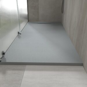 Plato ducha resina PLASTER Gris Cemento - RAL 7040 - textura pizarra - antibacteriano y antideslizante. Rejilla oculta