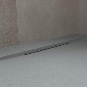 Plato ducha resina PLASTER Gris Cemento - RAL 7040 - textura pizarra - antibacteriano y antideslizante. Rejilla oculta