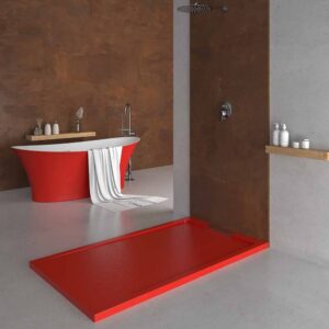 Plato ducha resina STYLE - color rojo RAL-3020 y otros - textura pizarra - antibacteriano y antideslizante. Rejilla oculta
