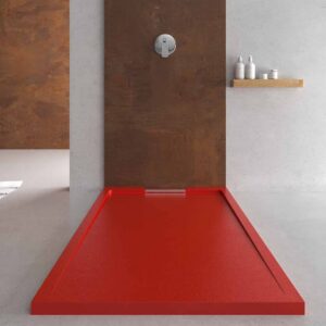 Plato ducha resina STYLE - color rojo RAL-3020 y otros - textura pizarra - antibacteriano y antideslizante. Rejilla oculta