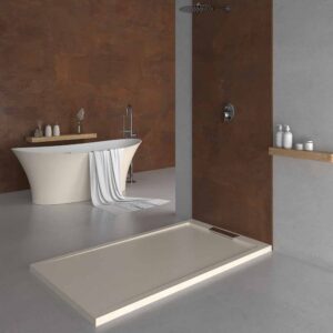 Plato ducha resina STYLE - color blanco Crema RAL-9001 y otros - textura pizarra - antibacteriano y antideslizante. Rejilla oculta
