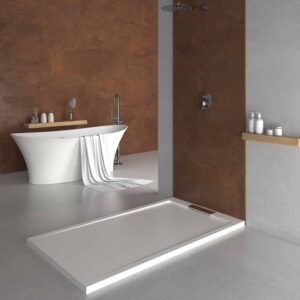 Plato ducha resina STYLE - color blanco RAL-9003 y otros - textura pizarra - antibacteriano y antideslizante. Rejilla oculta