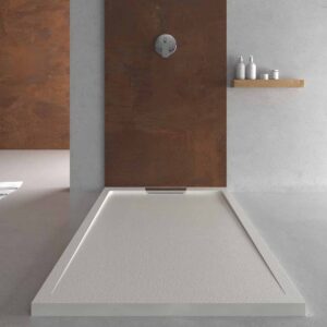 Plato ducha resina STYLE - color blanco RAL-9003 y otros - textura pizarra - antibacteriano y antideslizante. Rejilla oculta