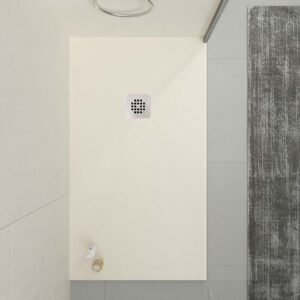Plato ducha resina ONE Blanco Roto RAL 9001 y otros colores con textura pizarra antibacteriano y antideslizante. Rejilla inox