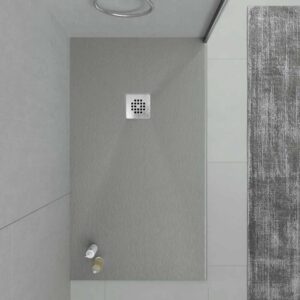 Plato ducha resina ONE Gris Cemento RAL 7005 y otros colores con textura pizarra antibacteriano y antideslizante. Rejilla inox