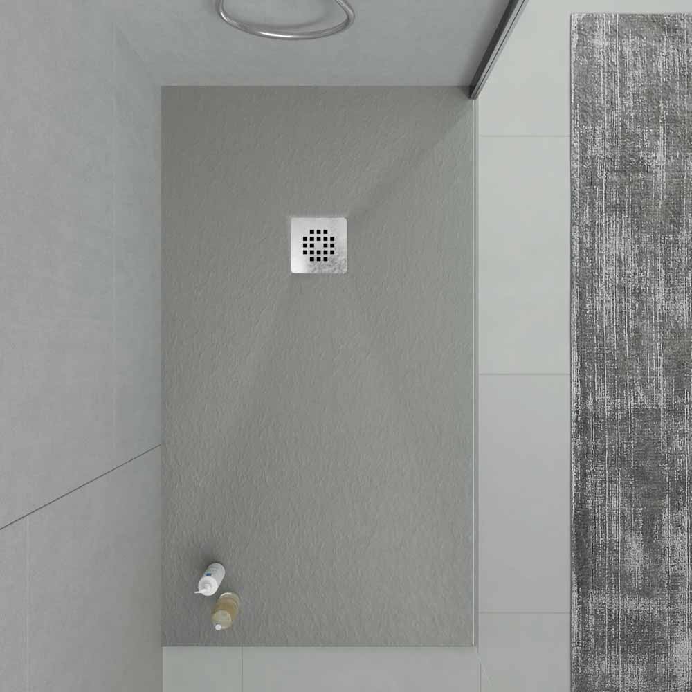 Plato ducha resina ONE Gris Cemento RAL 7005 y otros colores con textura pizarra antibacteriano y antideslizante. Rejilla inox