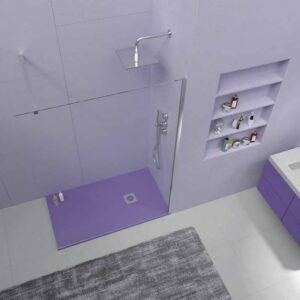 Plato ducha resina ONE Lila RAL 4005 y otros colores con textura pizarra antibacteriano y antideslizante. Rejilla inox