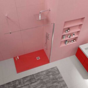 Plato ducha resina ONE Rojo RAL 3020 y otros colores con textura pizarra antibacteriano y antideslizante. Rejilla inox
