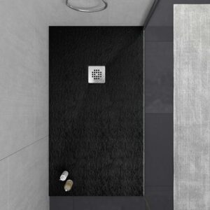Plato ducha resina ONE Negro RAL 9005 y otros colores con textura pizarra antibacteriano y antideslizante. Rejilla inox