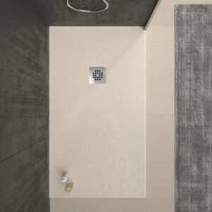 Plato ducha resina ONE Crema RAL 1013 y otros colores exclusivos con textura pizarra antibacteriano y antideslizante. Rejilla inox