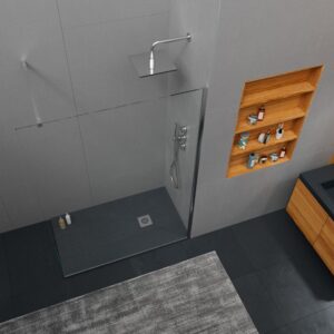Plato ducha resina ONE Gris Antracita RAL 7016 y otros colores con textura pizarra antibacteriano y antideslizante. Rejilla inox