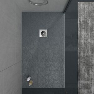 Plato ducha resina ONE Gris Antracita RAL 7016 y otros colores con textura pizarra antibacteriano y antideslizante. Rejilla inox