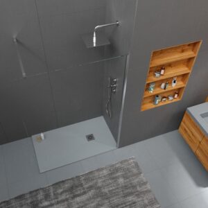 Plato ducha resina ONE Gris RAL 7040 y otros colores con textura pizarra antibacteriano y antideslizante. Rejilla inox
