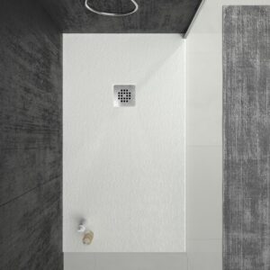 Plato ducha resina ONE Blanco RAL 9003 y otros colores con textura pizarra antibacteriano y antideslizante. Rejilla inox