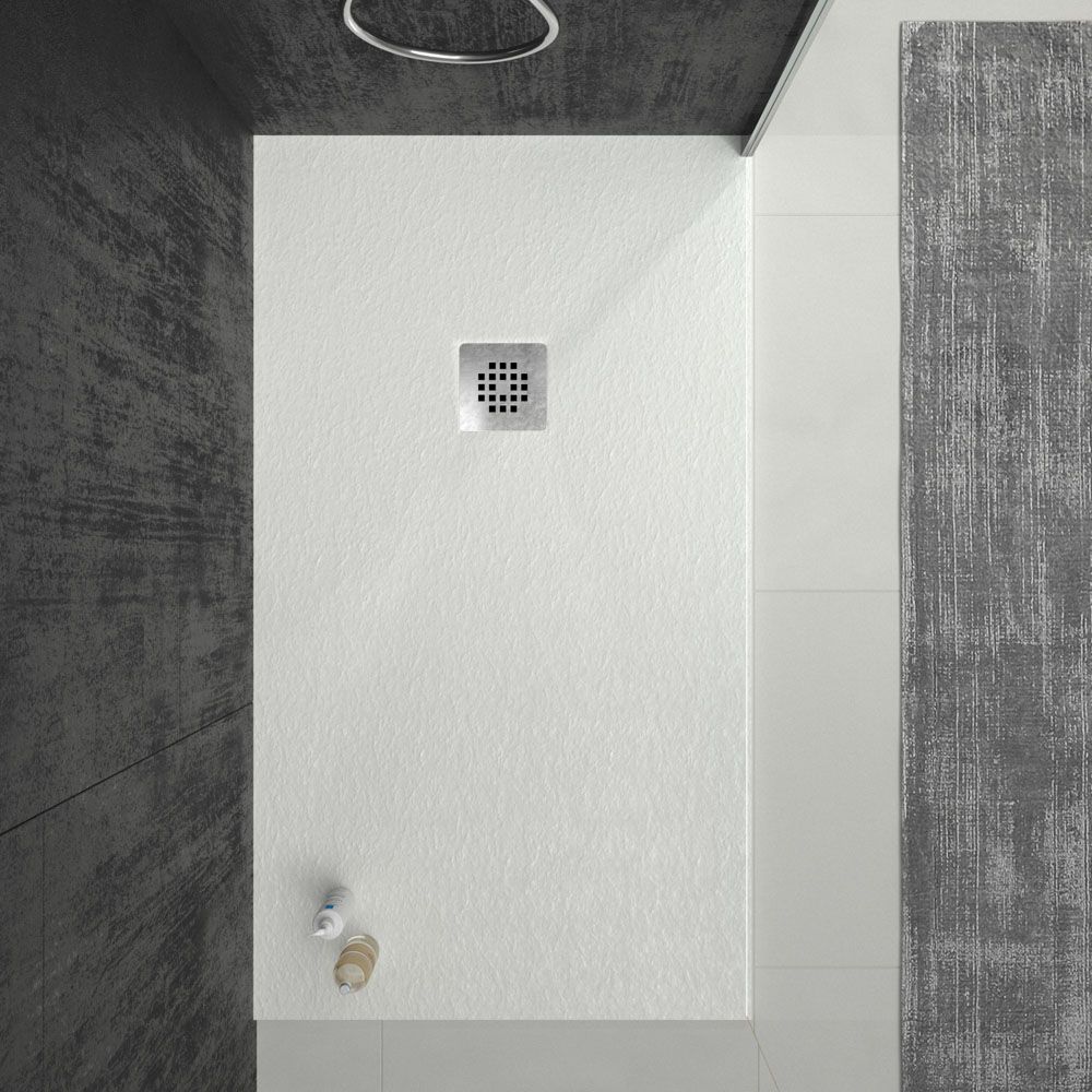 Plato ducha resina ONE Blanco RAL 9003 y otros colores con textura pizarra antibacteriano y antideslizante. Rejilla inox