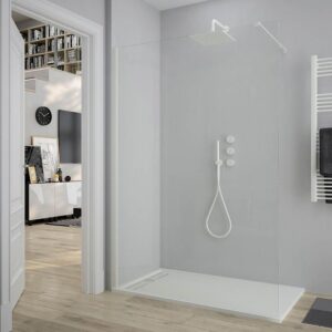 Fijo de ducha mampara ZEN perfil Blanco mate - Vidrio 8 MM con tratamiento anti-cal incluido- Brazo sujección acero inox. extensible.